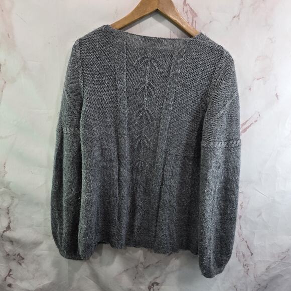 Garnet Hill Sweater Womens Small Gray Alpaca Wool V Balloon Sleeve Pointelle - Picture 5 of 10